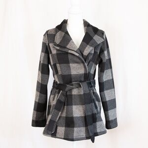 Madden Girl Black and Gray Plaid Coat, Size M